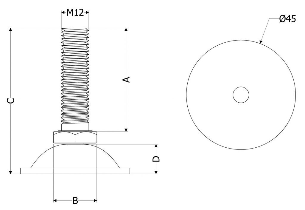 Wymiary stopka regulacyjna dwuczęściowa z metalowym obrotowym talerzykiem z gwintem M12
